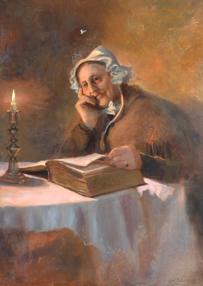 Porträt einer alten Frau, die bei Kerzenlicht die Bibel liest, 1896 von Arthur Netherwood