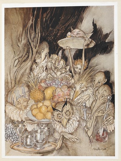 AKT III: Szene III, Zeile 19, Eintritt mehrerer seltsamer Gestalten, die ein Bankett hereinbringen ... den König usw. zum Essen einladen. von Arthur Rackham