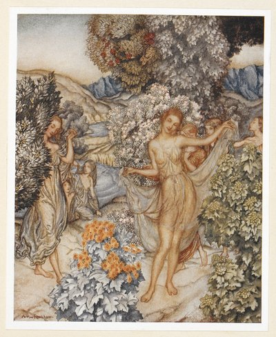 AKT IV: Szene I, Zeile 132
Kommt, gemäßigte Nymphen, und helft zu feiern
Einen Vertrag der wahren Liebe.
Prospero weist Ariel an, auffällige Kleidung an einem Baum zu lassen, um die Männer zu verführen von Arthur Rackham