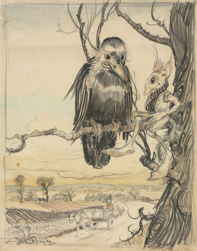 Ein Eichhörnchen und eine Krähe von Arthur Rackham