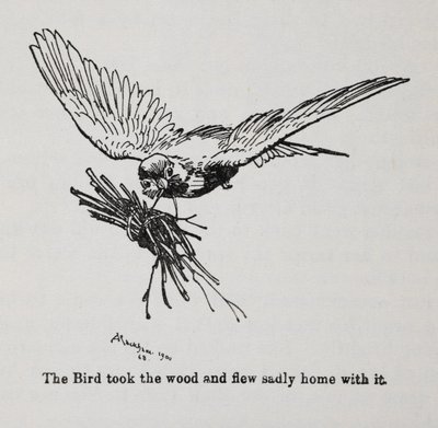 Ein Vogel, der ein Bündel Zweige trägt von Arthur Rackham