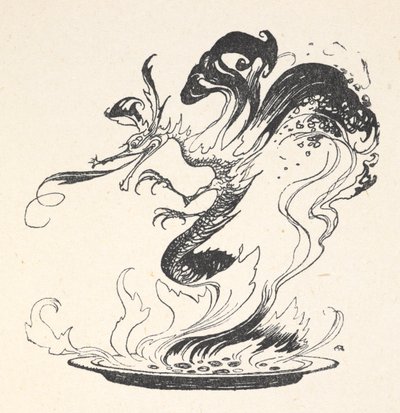 Ein Drache, der aus einem Teller brennenden Geldes auftaucht von Arthur Rackham