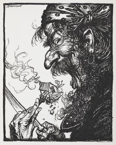 Ein großer Mann isst eine winzige Dame und ihr Haus. von Arthur Rackham