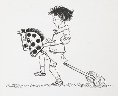 Ein kleines Mädchen auf einem Spielzeug-Steckenpferd von Arthur Rackham