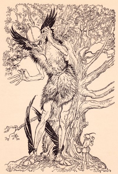 Ein schrecklicher Kerl, halb so groß wie der Baum, an dem er stand. Illustration von Arthur Rackham aus Grimms Märchen, Der Geist im Glas. von Arthur Rackham