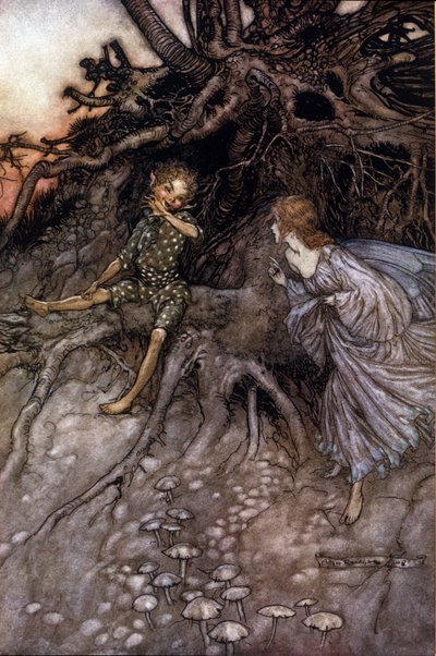 Akt II, Szene I Puck & eine Fee; Puck gibt zu, dass er „der fröhliche Wanderer der Nacht“ ist. Illustration von Arthur RACKHAM für Ein Sommernachtstraum von William SHAKESPEARE von Arthur Rackham