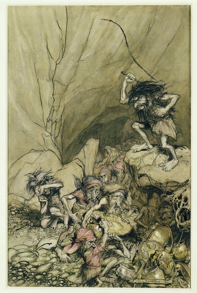 Alberich treibt eine Gruppe von Nibelungen mit Gold- und Silberschätzen, eine Illustration aus Das Rheingold und die Walküre von Richard Wagner (1813-83) veröffentlicht 1910 von Arthur Rackham