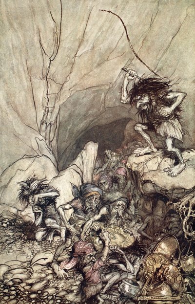 Alberich treibt eine Bande von Nibelungen mit Gold- und Silberschätzen an von Arthur Rackham