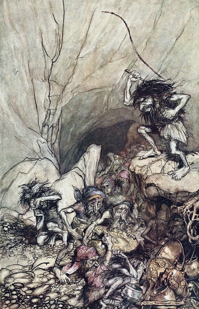 Alberich treibt eine Bande Nibelungen mit Gold- und Silberschätzen. Illustration für Das Rheingold von Arthur Rackham