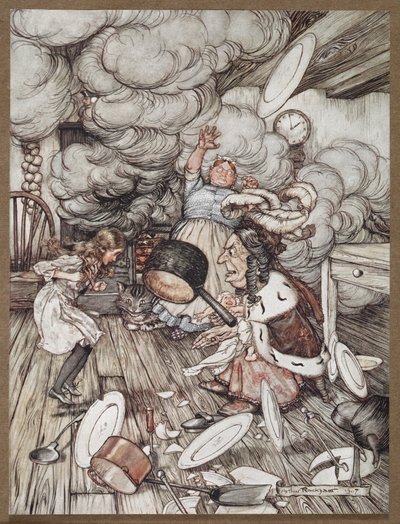 Alice in einer Küche mit der Herzogin, einem Koch und der Grinsekatze von Arthur Rackham