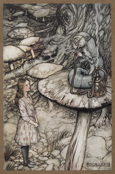 Alice spricht mit der Raupe, die auf einem Pilz sitzt und eine Pfeife raucht von Arthur Rackham
