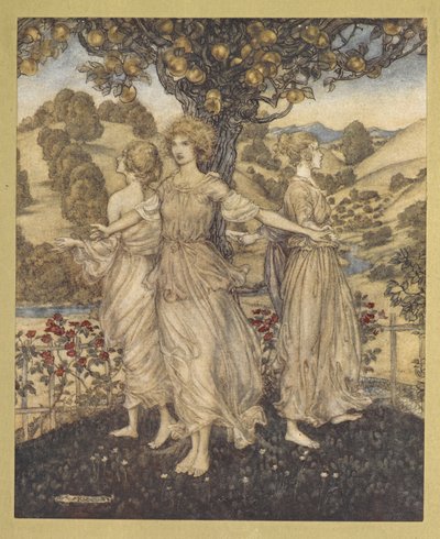 Mitten im schönen Garten von Hesperus und seinen drei Töchtern, die um den goldenen Baum singen von Arthur Rackham