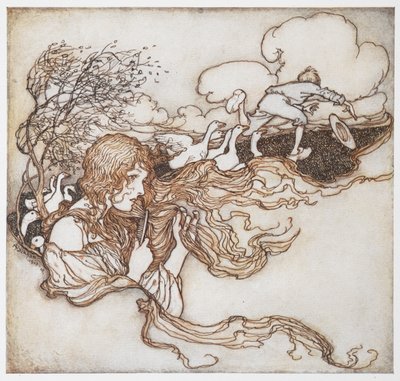 Eine Illustration eines Mädchens, das sich die Haare bürstet, mit Gänsen und einem Jungen im Hintergrund, aus Die Gänsemagd. von Arthur Rackham