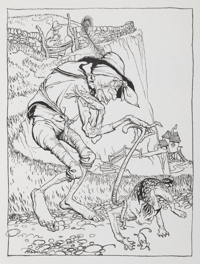 Ein alter krummer Mann mit seiner krummen Katze und seinem krummen Haus von Arthur Rackham