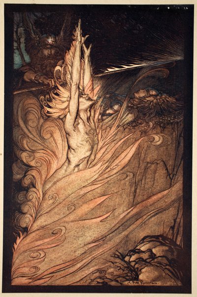 Erscheine, flackerndes Feuer, Umkreise den Felsen mit deiner Flamme! Loge! Loge! Erscheine! von Arthur Rackham