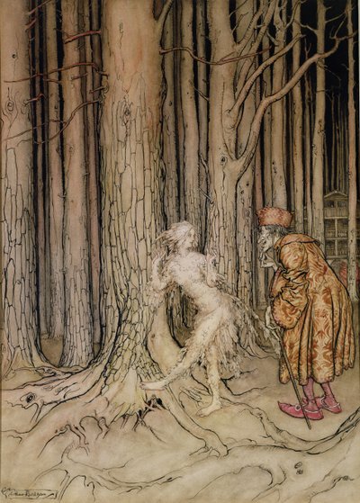 Endlich traf sie den Bräutigam, der langsam zurückkam, Illustration für Fitchers Vogel, aus Brüderchen und Schwesterchen, von den Brüdern Grimm, 1917 von Arthur Rackham