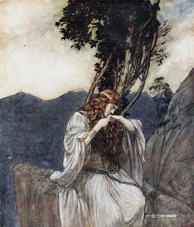 Brünnhilde küsst den Ring, den Siegfried bei ihr gelassen hat. Illustration für Siegfried und Die Dämmerung von Arthur Rackham