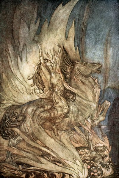 Brunnhilde auf Grane springt auf den Scheiterhaufen von Siegfried von Arthur Rackham