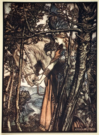 Brunnhilde führt langsam und schweigend ihr Pferd den Weg zur Höhle hinunter von Arthur Rackham
