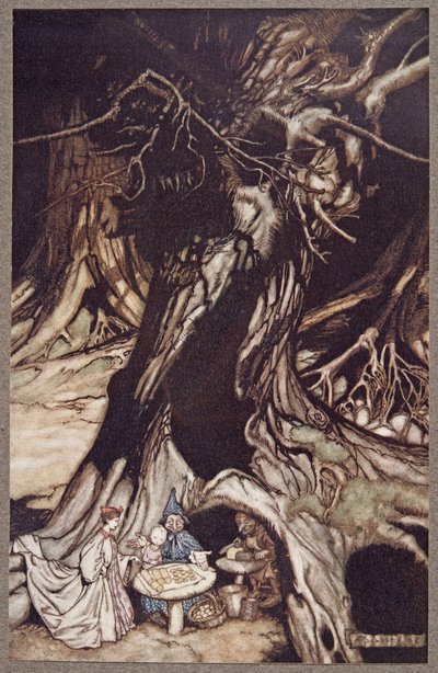 Butter wird aus den Wurzeln alter Bäume gewonnen, aus Peter Pan in Kensington Gardens von J. M. Barrie (1860 - 1937), veröffentlicht 1906 von Arthur Rackham