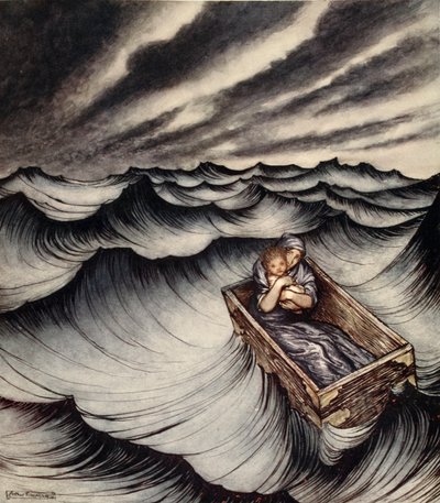 Danae umarmte ihr Kind fest, Illustration aus 