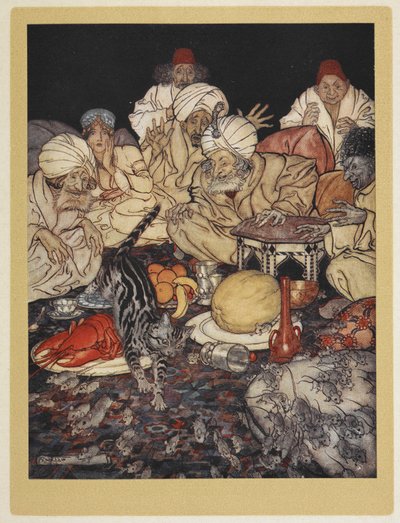 Dick Whittingtons Katze reitet den König der Mauren von seinen Mäusen. von Arthur Rackham