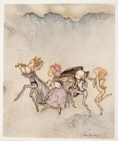 Jeder, der auf seinen Zehen trippelt, wird hier mit Mop und Mow sein, Illustration aus William Shakespeares Der Sturm, veröffentlicht 1926 von Arthur Rackham