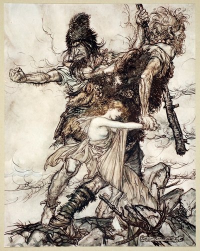 Fasolt ergreift plötzlich Freia und zieht sie mit Fafner zur Seite von Arthur Rackham