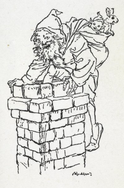 Weihnachtsmann klettert mit einem Sack voller Geschenke den Schornstein hinunter von Arthur Rackham