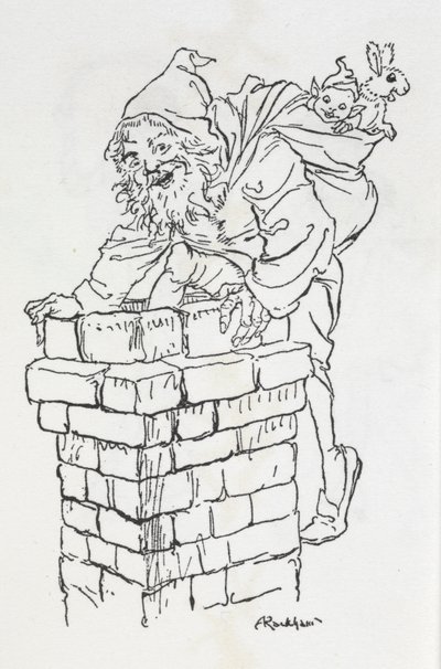 Weihnachtsmann, der mit Geschenken in einen Schornstein klettert von Arthur Rackham