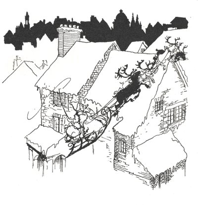 Weihnachtsmann in seinem Schlitten fliegt über verschneite Dächer von Arthur Rackham