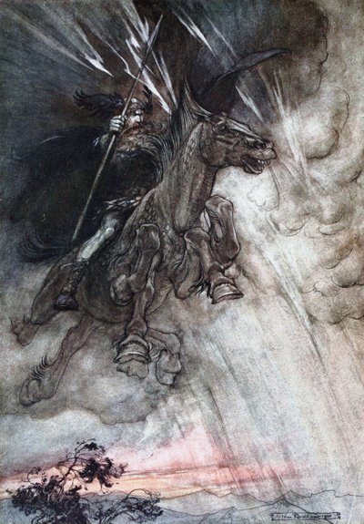 Wütend reitet Wotan zum Felsen. Illustration für Das Rheingold und Die Walküre von Richard Wagner von Arthur Rackham