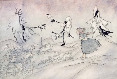 Gerda ist von der Vorhut der Schneekönigin erschrocken, aber sie sagte das Vaterunser und wird von kleinen hellen Engeln gerettet, Illustration aus Die Schneekönigin von Hans Christian Andersen, veröffentlicht 1932 von Arthur Rackham