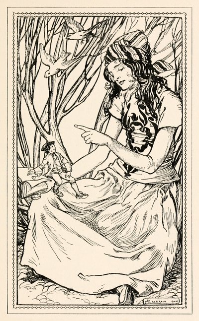 Glumdalclitch bringt Gulliver das Lesen bei, aus Teil II: Eine Reise nach Brobdingnag in Gullivers Reisen von Jonathan Swift von Arthur Rackham