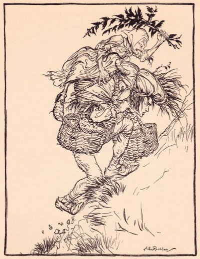 Ständig stöhnend, bestieg er den Berg. Illustration von Arthur Rackham aus Grimms Märchen Die Gänsemagd am Brunnen. von Arthur Rackham