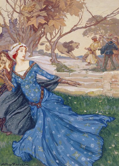 Guinevere wird von La Cote Male Taile gerettet, Illustration aus einer Sammlung von Märchen: Grimm, Andersen und Geschichten von König Artus, veröffentlicht 1905 von Arthur Rackham