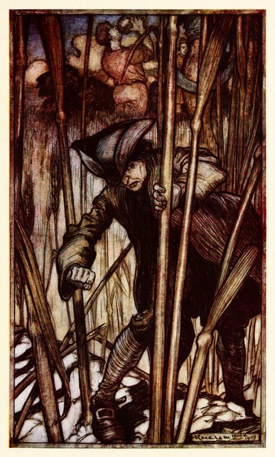 Gulliver wird von Angst ergriffen beim ersten Anblick der Brobdingnagischen Schnitter, aus Teil II: Eine Reise nach Brobdingnag in Gullivers Reisen von Jonathan Swift von Arthur Rackham