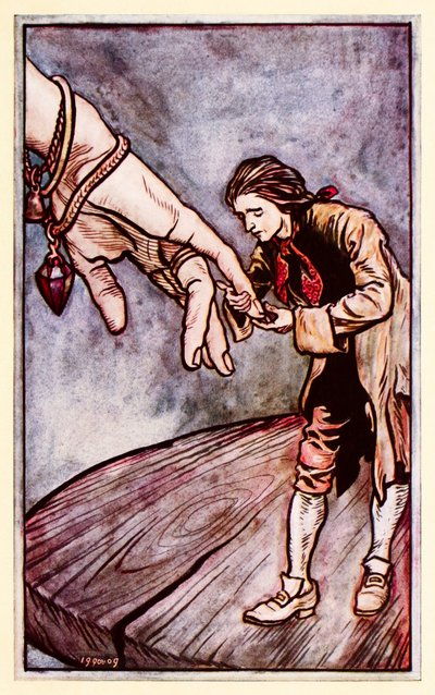 Gulliver küsst die Hand der Königin von Brobdingnag, aus Teil II: Eine Reise nach Brobdingnag in Gullivers Reisen von Jonathan Swift von Arthur Rackham