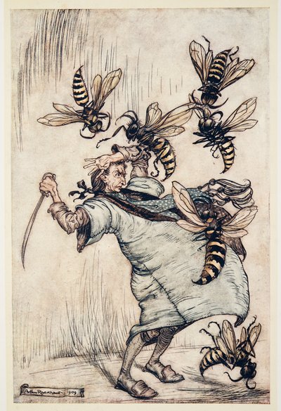 Gullivers Kampf mit den Wespen, aus Gullivers Reisen von Jonathon Swift, veröffentlicht 1909 von Arthur Rackham