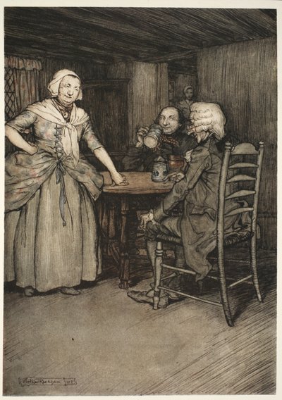 Er fand die alten Bürger und noch mehr ihre Frauen reich an jener legendären Liebe, die für die wahre Geschichte so wertvoll ist., aus Rip Van Winkle von Washington Irving, veröffentlicht 1910 von Arthur Rackham