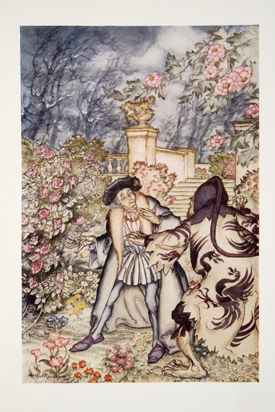 Er hörte ein lautes Geräusch und sah ein Tier auf sich zukommen, so furchterregend anzusehen, dass er vor Angst fast in Ohnmacht fiel, aus The Arthur Rackham Fairy Book, veröffentlicht 1933 von Arthur Rackham