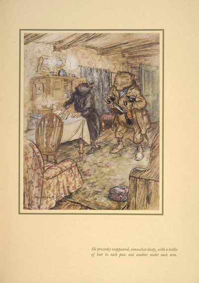 Er erschien bald wieder, etwas staubig, mit einer Flasche Bier unter jedem Arm von Arthur Rackham