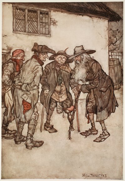 Er fand bald viele seiner ehemaligen Kumpane, obwohl alle ziemlich abgenutzt waren., aus Rip Van Winkle von Washington Irving, veröffentlicht 1910 von Arthur Rackham