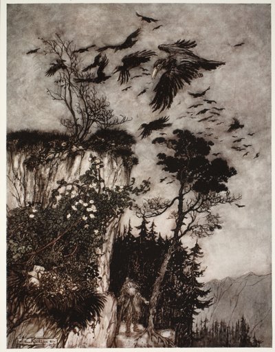Er wurde nur von einer Schar fauler Krähen beantwortet., aus Rip Van Winkle von Washington Irving, veröffentlicht 1910 von Arthur Rackham