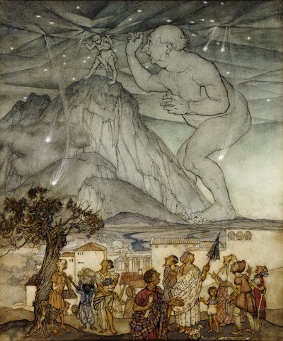 Herkules trägt den Himmel statt Atlas von Arthur Rackham