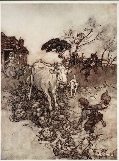 Seine Kuh würde sich verirren oder unter die Kohlköpfe geraten., aus Rip Van Winkle von Washington Irving, veröffentlicht 1910 von Arthur Rackham
