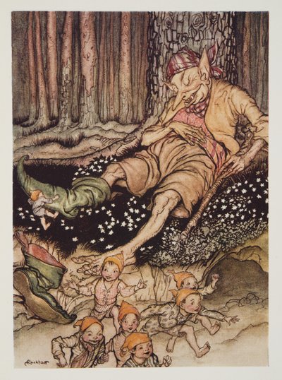 Hop-o-my-thumb schlich sich zum Ogre und zog ihm seine Siebenmeilenstiefel aus, aus The Arthur Rackham Fairy Book, veröffentlicht 1933 von Arthur Rackham