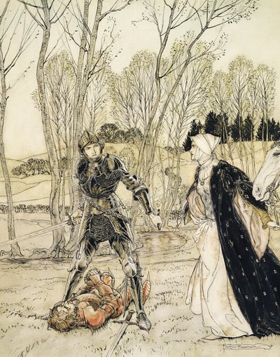 Wie Beaumains den Roten Ritter besiegte, und die Dame sprach immer viele böse Worte zu ihm von Arthur Rackham