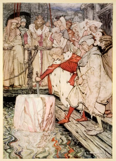 Wie Galahad das Schwert aus dem schwimmenden Stein in Camelot zog, Illustration aus 