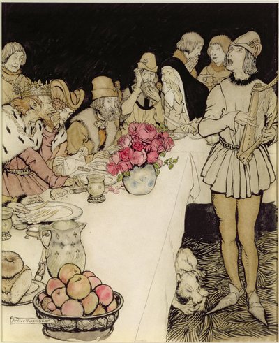 Wie bei einem großen Fest, das König Mark veranstaltete, kam Eliot der Harfner und sang das Lied, das Dinadan gemacht hatte von Arthur Rackham